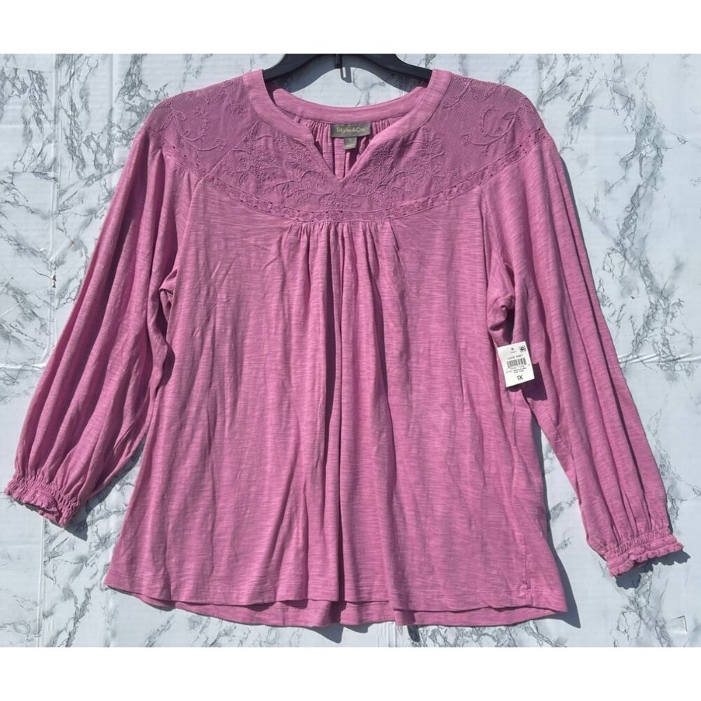 Style & Co Lace Knit Top Pink Rain 1X Womens Long Sleeve Pullover Blouse